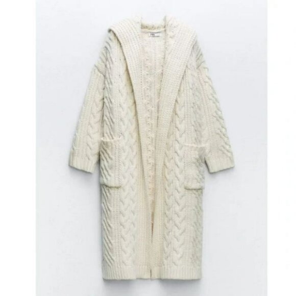 ZARA LONG CABLE KNIT COAT LONG SLEEVES WHITE - Picture 4 of 11